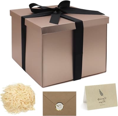 Grote Cadeaubox met Deksel in Roségoud, Vouwbaar met Band, Inclusief Wenskaart en Bast, Perfect voor Cadeauverpakking en Feestelijke Gelegenheden