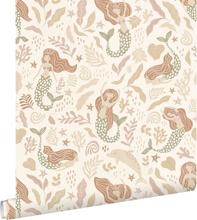 ESTAhome behang zeemeerminnen vergrijsd groen, beige en terracotta - 50 x 900 cm - 131498