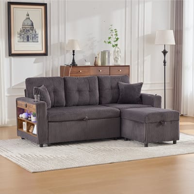 Wishdor - Slaapbank - Opbergruimte En Uitschuifbed - Minimalistisch - Woonkamer Of Logeerkamer - Cord - Donkergrijs - 196 X 82-144 X 85 Cm