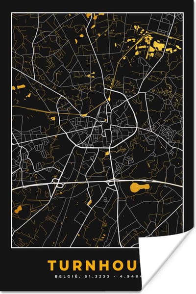 Poster Stadskaart - Turnhout - Plattegrond - Goud - Kaart - 120x180 cm XXL