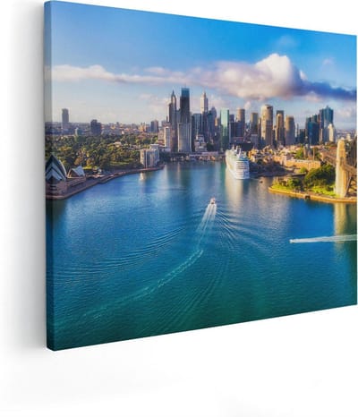 Artaza Canvas Schilderij Skyline Stad - 50x40 cm - Wanddecoratie Haven Boot - Muurdecoratie Zee - Kamer Accessoires