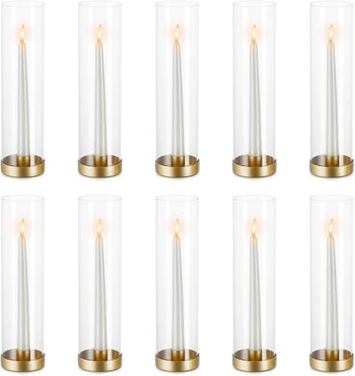 Set van 10 Goudkleurige Kandelaars met Winddicht Glas voor Diner en Feestdecoratie