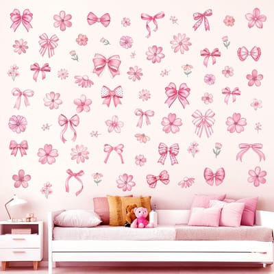 Dailygoody - Muurstickers - Wanddecoratie voor babykamers - Roze bloemen - Watercolor boogstrik - Geschikt voor meisjeskamers - 32 x 22 cm
