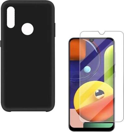 Solid hoesje Geschikt voor: Samsung Galaxy A20S Soft Touch Liquid Silicone Flexible TPU Rubber - Zwart  + 1X Screenprotector Tempered Glass