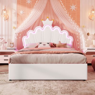 VVBV Gestoffeerd Kinderbed 140x200 cm - 2 Lades, LED-Verlichting, Verstelbaar Hoofdbord - PU-leer Wit - Zonder Matras