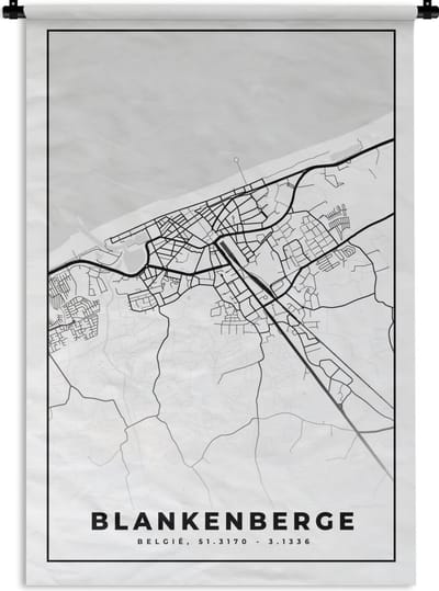 Wandkleed - Wanddoek - Zwart Wit – België – Plattegrond – Stadskaart – Kaart – Blankenberge - 120x180 cm - Wandtapijt