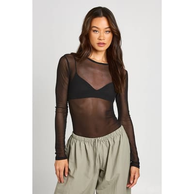 boohoo Dames Lang Basic Mesh Bodysuit Met Lange Mouwen | Zwart | Maat: 36
