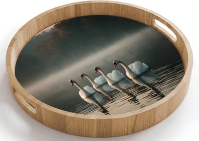 Dienblad rond 40x40 cm - Schootdienblad hout - Zwanen - Wit - Water - Mist - Borrelplank rechthoek - Plateau houten dienbladen