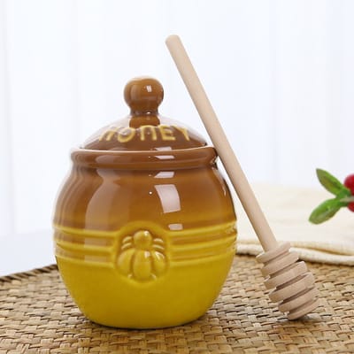 Keramische honingpot met lepel - Bruine honingpot met standaard, prachtige bijendecoratie - Rustieke keukendecoratie
