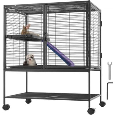 VEVOR 91 cm metalen rolkooi voor fretten, grote kooi met twee verdiepingen, kooi voor kleine dieren met hellingen en lade, eenvoudig te monteren voor huisratten, hamsters, cavia's, chinchilla's, eekhoorns, egels en konijnen.