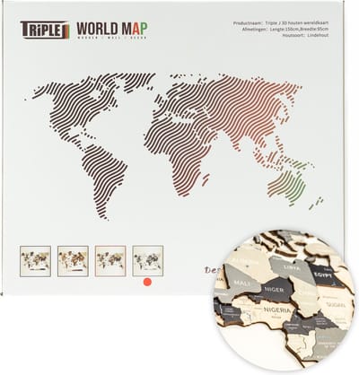 Triple J® Houten Wereldkaart 3D – Muurdecoratie & Wanddecoratie – Grote Wereldkaart van Hout – Blauw – 150 x 95 cm