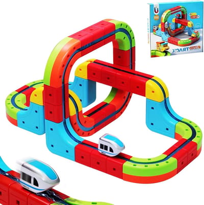 Elektrische treinset - Flexibele racebaan - Urenlang speelplezier - Gemotoriseerde auto - 30 cm x 28 cm - Blauw
