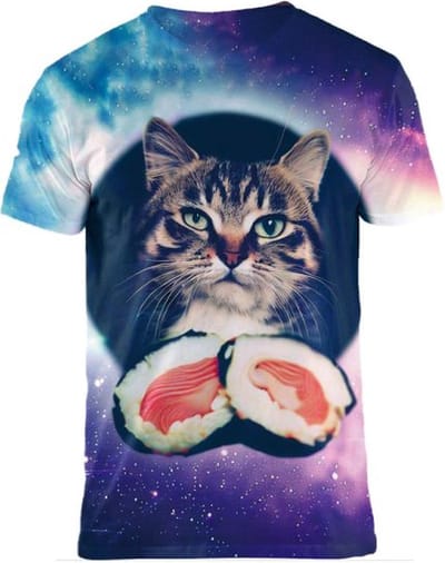Sushi kitty - Kat met sushi shirt Maat S - Crew neck - Festival shirt - Superfout - Fout T-shirt - Feestkleding - Festival outfit - Foute kleding - Kattenshirt