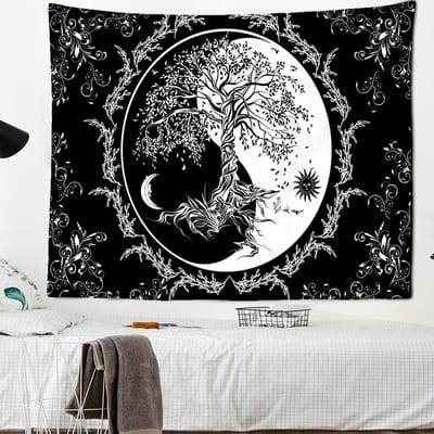 Zon Maan Wijnstok Wandtapijt Wandhanger Zwart-Wit Print Bohemien Hippie Psychedelisch Tarot Mystiek Hekserij Huisdecoratie 150x100CM