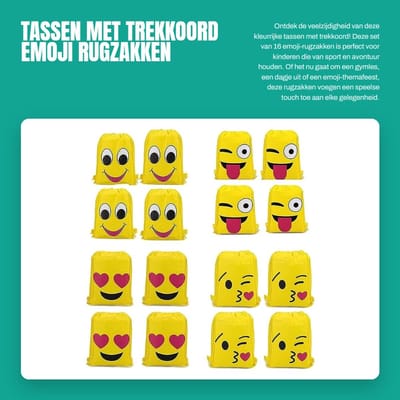 Dailygoods- Tassen met Trekkoord - 16 Stuks - Emoji/Rugzakken - Sporttas/Kindertas - Licht Waterdicht - Verjaardagscadeau/Decoratie - 13.4 x 10.63 inch - Rugzak