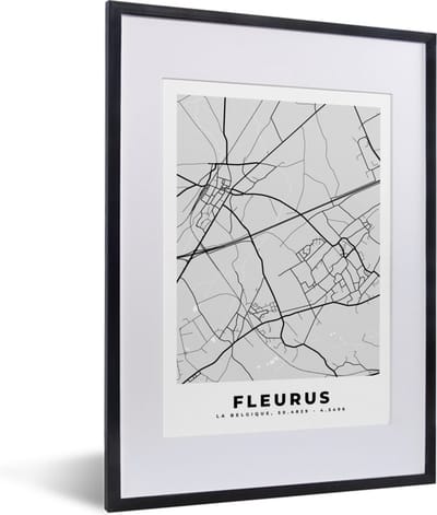 Fotolijst incl. Poster Zwart Wit- Zwart Wit – België – Plattegrond – Stadskaart – Kaart – Fleurus - 30x40 cm - Posterlijst