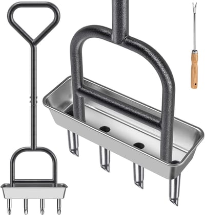 Verbeterde Grondbeluchter voor Gazons, Handmatige Tuinplugger met Holle Tanden, 4-Prong Aeratietool voor Optimale Grasgroei en Bodemverbetering met Opslagtray en Klei-afgifte