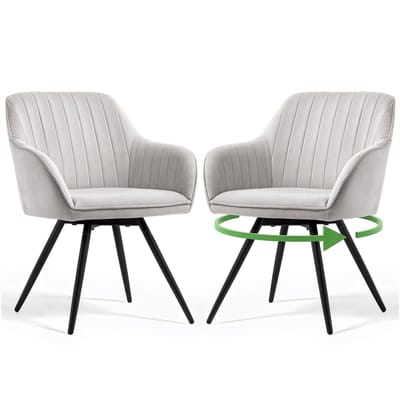 Set van 2 Draaistoelen TURNO met Armleuningen / Eetkamerstoelen / Gestoffeerde Stoelen / Fluwelen Stoelen en Metalen Poten / Grijs met zwarte benen