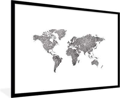Poster in lijst - Fotolijst 120x80 cm - Posters - Wereldkaart - Vingerafdruk - Zwart - Wit - Kinderen - Jongens - Meisjes - Posterlijst zwart - Decoratie - Wanddecoratie woonkamer - Muurdecoratie slaapkamer