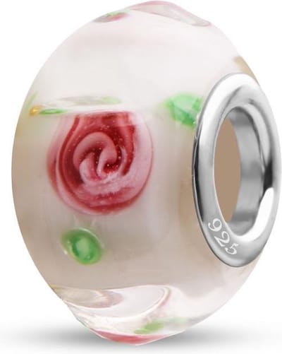 Quiges - 925 - Sterling - zilver - Glazen - Kraal - Bedels - Beads - Wit Bloemvormig met Rozen - Past op alle bekende merken - Armband GZ048