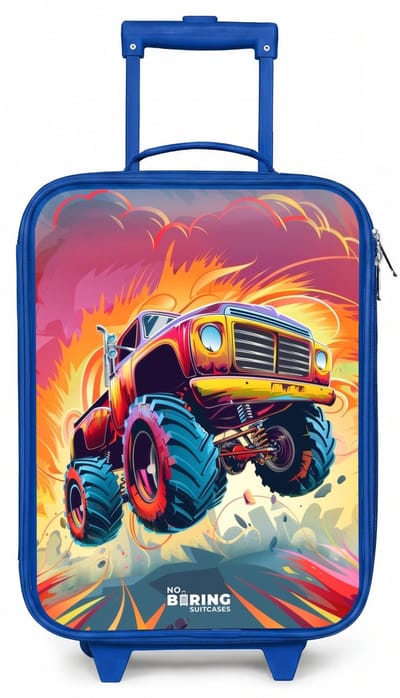 NoBoringSuitcases.com® - Kinderkoffer blauw - Kindertrolley jongen - Roze Monstertruck Vliegt over het Asfalt - Koffer kind lichtgewicht - Reiskoffer trolley voor kinderen - Koffertje met lichtgevende wieltjes - Rolkoffer