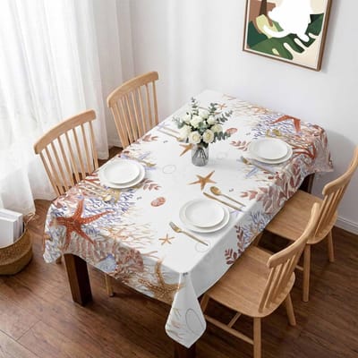 Nappe Rectangle Côtière Orange pour Décoration de Table Été Plage Nautique Corail Étoile de Mer Nappe de Table à Manger Décoration de Fête de Fête 90x140cm