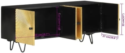 TV-meubel van massief mangohout – Urbanhome Mangora Luxe 110 cm – Goudkleurige afwerking – Houten TV-lowboard met opbergruimte