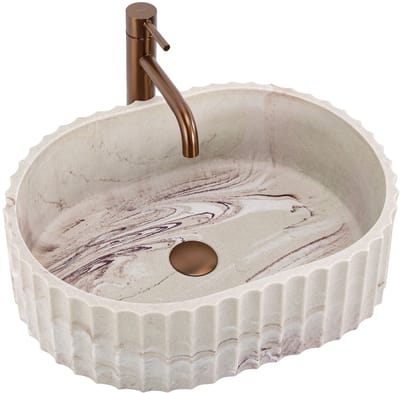 Rea - Opzetwastafel Margaret Gio Kunststeen (Kunstmatig Composietsteen), Beige, Imitatiesteen, Ovaal - 49,5 x 35,5 x 15,5 cm