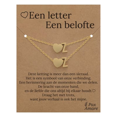 Letter Z ketting + armband set op Cadeau Kaartje - Een letter, een belofte - Goudkleurig Stainless Steel - Initiaal & Hartje Hanger - Pax Amare