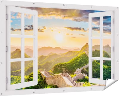 Gards Tuinposter Doorkijk De Chinese Muur door de Bergen met Zon - 180x120 cm - Tuindoek - Tuindecoratie - Wanddecoratie buiten - Tuinschilderij