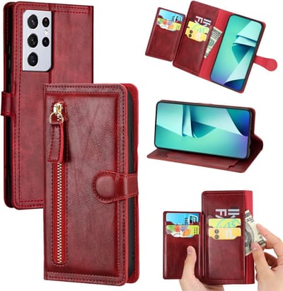 Bookcase Hoesje Geschikt voor: Samsung Galaxy S22 met ritssluiting - Flipcover - Magnetisch - 5 kaarten houder - Rood