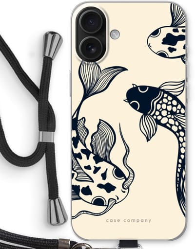 Case Company® - Hoesje met koord geschikt voor iPhone 16 Plus hoesje met Koord - Black Koi - Telefoonhoesje met Zwart Koord - Bescherming aan alle Kanten en Over de Schermrand