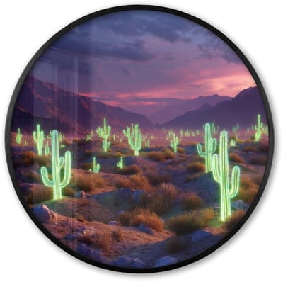 Poster in lijst Rond - Fotolijst 60x60 cm - Posters - Neon cactussen - Woestijn - Zonsondergang - Ronde posterlijst zwart - Decoratie - Wanddecoratie woonkamer - Muurdecoratie slaapkamer