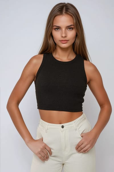 Ribbelgebreide Mouwloze Cropped Top met Ronde Hals