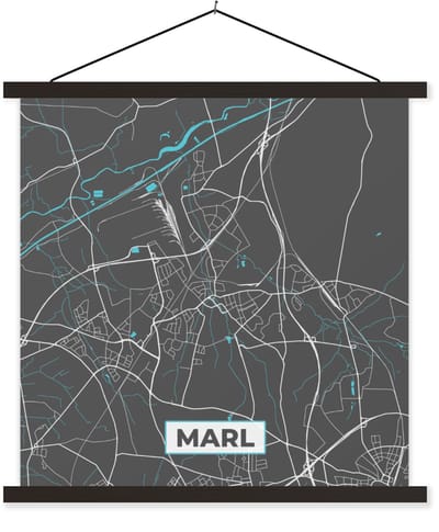 Posterhanger incl. Poster 60x60 cm - Schoolplaat - Blauw – Duitsland – Plattegrond – Stadskaart – Kaart – Marl - Textielposter - Zwarte latten - Stadskaart