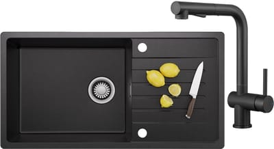 CECIPA MAX Spoelbak Keuken - Graniet Spoelbak 86x45CM Zwart - Spoelbakken Keuken Met Keukenkraan Met Uittrekbare Uitloop - Spoelbakken Met Afdruip - Opbouw Spoelbak