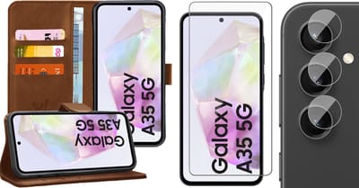 Hoesje geschikt voor Samsung Galaxy A35 - Screenprotector Glas & Camera - Portemonnee Book Case Bruin