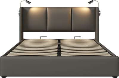 COVREO Bedframe 160x200 cm - grijs kunstleer, opbergruimte, zonder matras