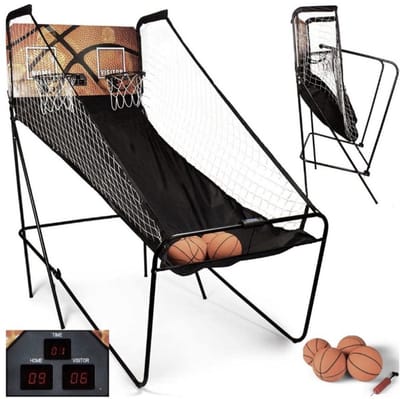 Basketbalautomaat, versie 2022, incl. 4 kleine basketballen & pomp, puntenteller, elektronisch, 8 spelinstellingen, basketbal automaat Arcade automaat voor binnen en buiten