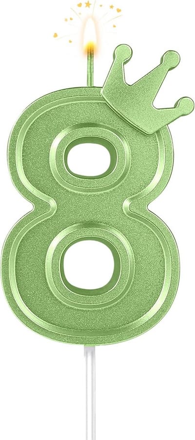 3D Verjaardagskaars met Kroon - 7.5 cm Cijferkaars voor Verjaardags- en Jubileumfeesten (Groen; 8) - Perfect voor Taartdecoratie en Feestversiering