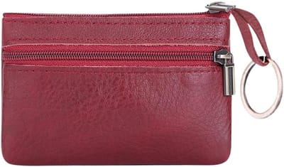 Kleine Leren Muntportemonnee voor Mannen en Vrouwen, Sleutelhanger en Zipper Munt Organizer in Wijnrood, Ideaal voor Contant Geld en Wijzigingen