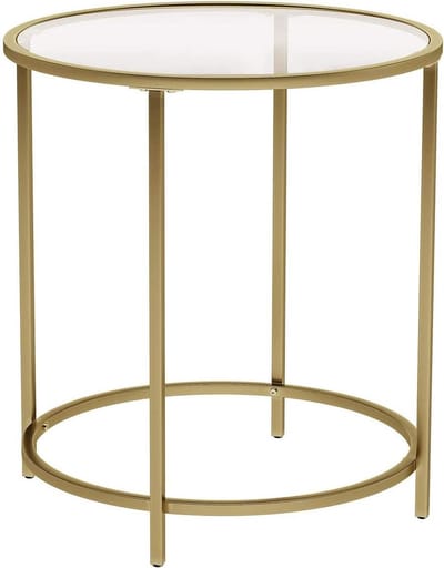 VASAGLE bijzettafel rond, glazen tafel met gouden metalen frame, kleine salontafel, nachtkastje, bankstel, balkon, robuust gehard glas, stabiel, decoratief, goud