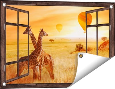 Gards Tuinposter Doorkijk Twee Giraffen met Twee Oranje Luchtballonnen - 60x40 cm - Tuindoek - Tuindecoratie - Wanddecoratie buiten - Tuinschilderij