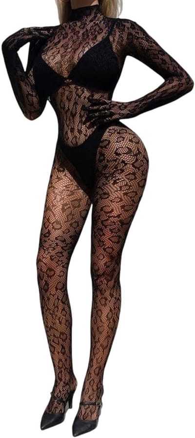 Dailygoods- Bodystocking sexy - Luipaardpatroon - Transparante netstof - Lange mouwen - Open rug - Rekbare stof (XS-XL) - Catsuit