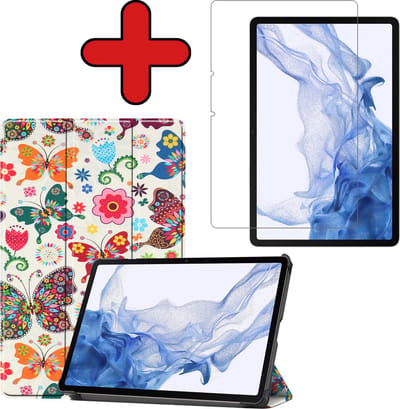 Hoesje - Geschikt voor Samsung Galaxy Tab S8 - Met Screenprotector - Hardcover Book Case - Trifold Bookcase Hoes - Hard Cover - Tablethoes - Vlinders