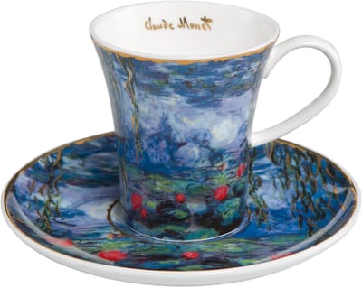 Goebel - Claude Monet | Kop en schotel Espresso Waterlelies met wilg | Porselein - 100ml - met echt goud - 2 stuks