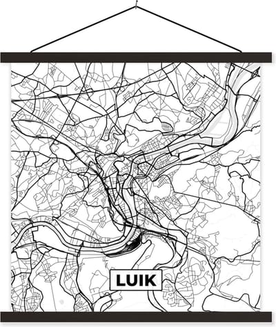Posterhanger incl. Poster 60x60 cm - Schoolplaat - Zwart Wit – België – Plattegrond – Stadskaart – Kaart – Luik - Textielposter - Zwarte latten - Stadskaart
