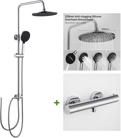 DERW Max Doucheset - Regendouche RVS - met Thermostaatkraan - Ø 25 cm Douchekolom - 4 StralenHanddouche - Verstelbare Hoogte 74-112 cm - Waterbesparend - Chroom