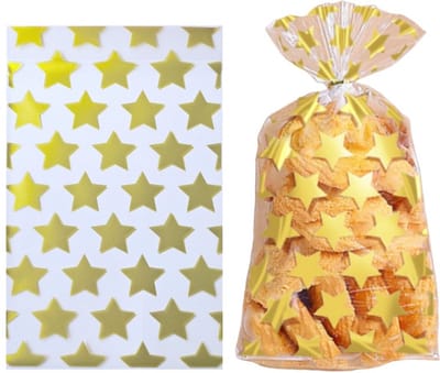 100x Cellofaan Zakjes Sterren XL - Uitdeelzakjes - Plastic Traktatie Cadeau Zakjes - Snoepzakjes - Sterren - 13x21cm - Goud