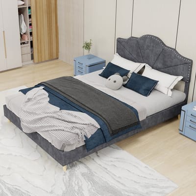DESMIU Gestoffeerd Bed 140x200cm – Modern Hoofdbord Met Geometrisch Design – Stevig Lattenbodem Met Vochtbestendige Ondersteuning – Voor Slaapkamer – Stof En Metaal – Grijs – Zonder Matras